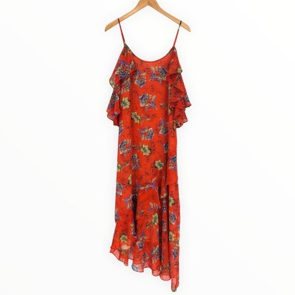 Adelyn Rae Orange Floral Off Shoulder Ruffle Asymmetrical Hem Dress size XS - Picture 2 of 13